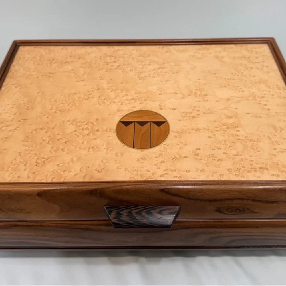 Luxury Handcrafted Tamo Ash & Cherry Wood Jewelry Box W/Inlay Lid - Artisan